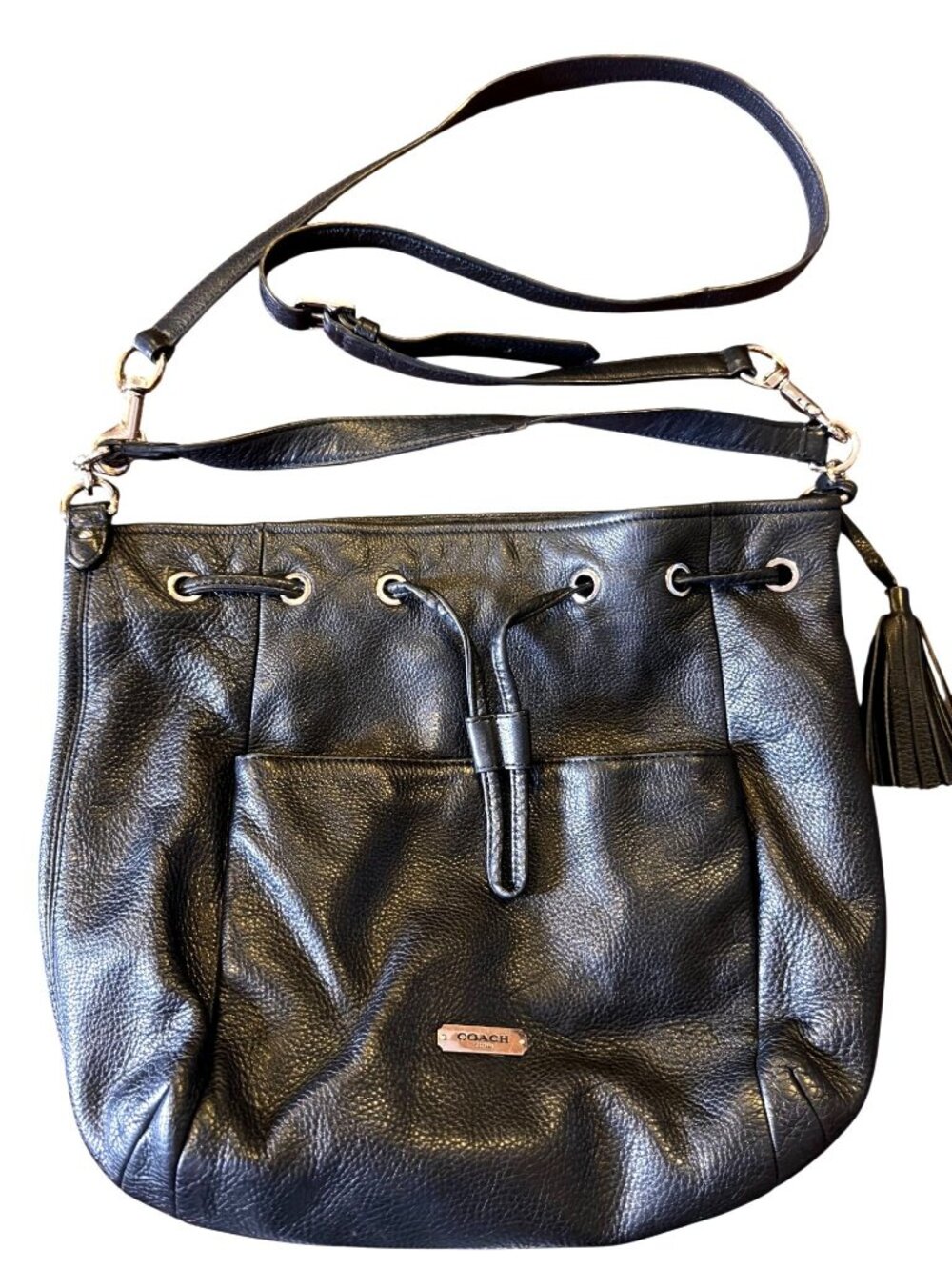Coach Avery F27003 Black Pebbled Leather Drawstring Bucket Bag Minimalist READ